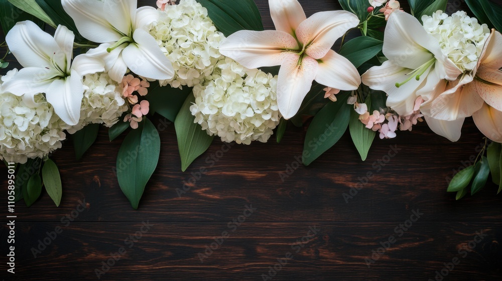 Overhead view of a delicate funeral garland featuring white lilies and pastel hydrangeas on a dark wooden table Overhead view of a delicate funeral garland featuring white lilies and pastel hydrangeas on a dark wooden table