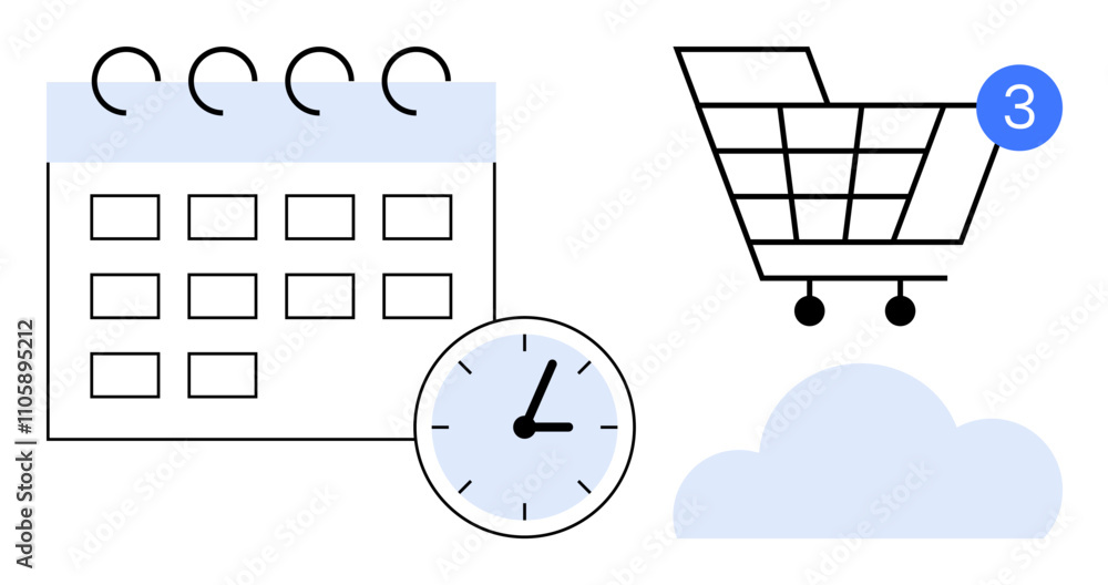 Calendar with a clock symbolizing scheduling, shopping cart with notification indicating pending purchases, and a cloud. Ideal for time management, e-commerce, reminders, notifications, productivity Calendar with a clock symbolizing scheduling, shopping cart with notification indicating pending purchases, and a cloud. Ideal for time management, e-commerce, reminders, notifications, productivity