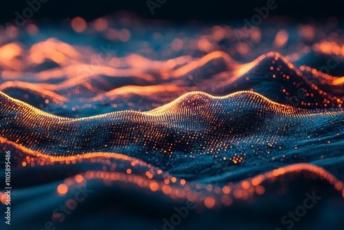 Abstract representation of flowing waves with glowing particles showcases a mesmerizing blend of colors and textures, creating a futuristic landscape inspired by digital art and technology.
