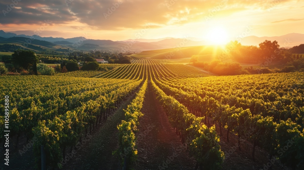 Fototapeta premium Sunset over scenic vineyard rows