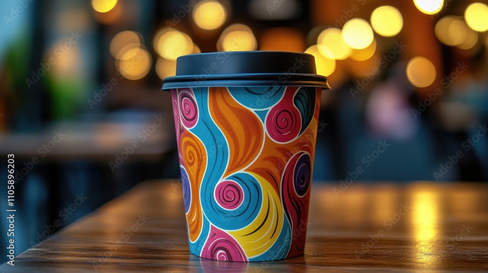 Colorful paper coffee cup sitting on wooden table in cafe Colorful paper coffee cup sitting on wooden table in cafe