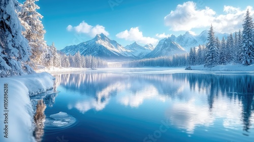 Stunning winter landscape reflecting on eibsee lake with zugspitze mountain in background