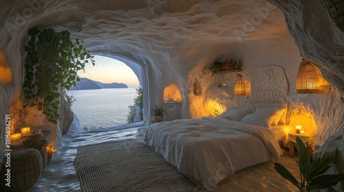 Cozy cave bedroom overlooking tranquil ocean at sunset with candles providing warm lighting