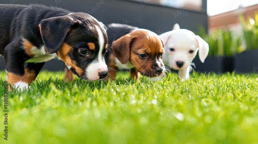 Adorable Puppies Exploring Green Grass in Bright Sunshine Outdoors Adorable Puppies Exploring Green Grass in Bright Sunshine Outdoors