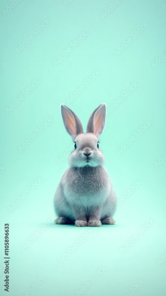 Obraz premium Adorable gray rabbit sitting calmly against a soft mint green backdrop. Perfect for animal lovers and cute pet photography enthusiasts.