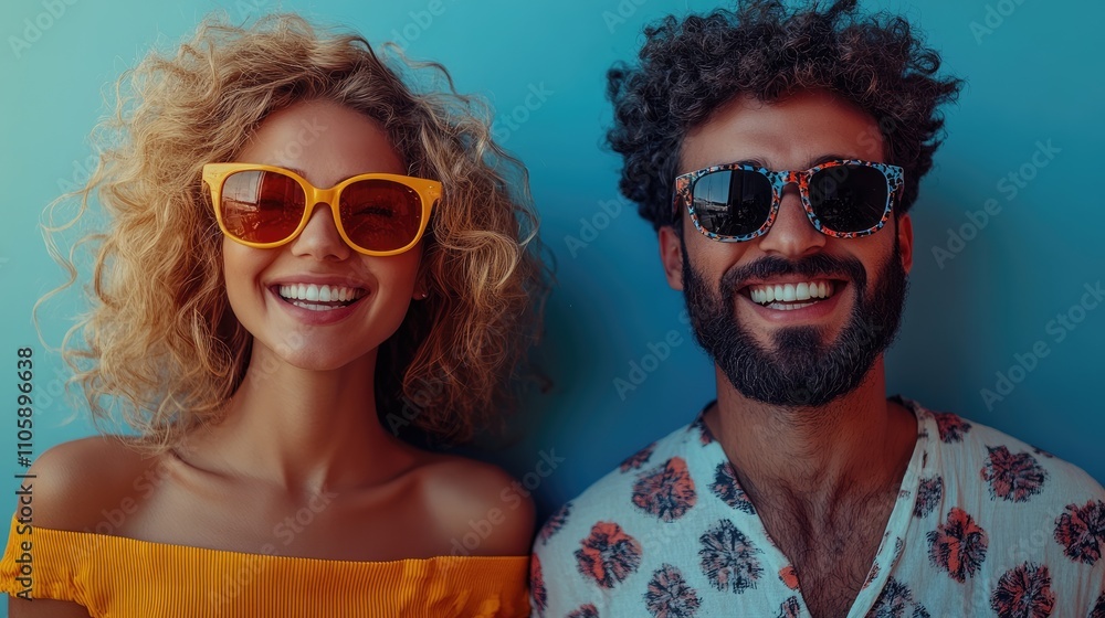 Obraz premium Happy couple smiling and wearing sunglasses on blue background