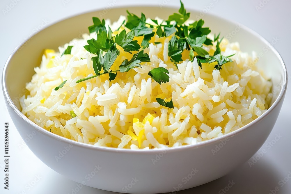 Freshly Cooked Plain Rice Garnished with Green Herbs in Bowl Freshly Cooked Plain Rice Garnished with Green Herbs in Bowl