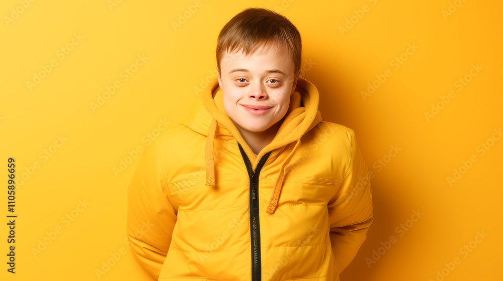 Portrait of smiling laughing teenager guy with Down syndrome yellow background. Portrait of smiling laughing teenager guy with Down syndrome yellow background.