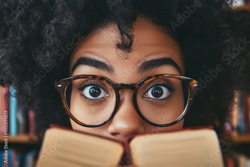 Ayoung woman with curly hair wearing glasses peeks over an open book with a surprised expression in a cozy library filled with bookshelves and colorful literature photo