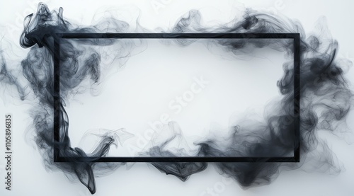 A rectangular black frame on a white background, surrounded by black  smoke. Background with place for text
