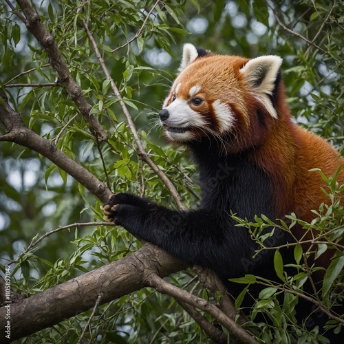 A red panda curled up in the branches of a tree.