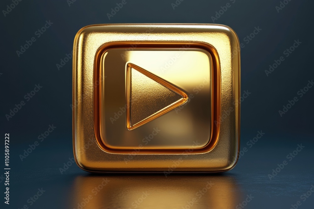 Golden play button shining on reflective surface: embracing luxury and entertainment Golden play button shining on reflective surface: embracing luxury and entertainment