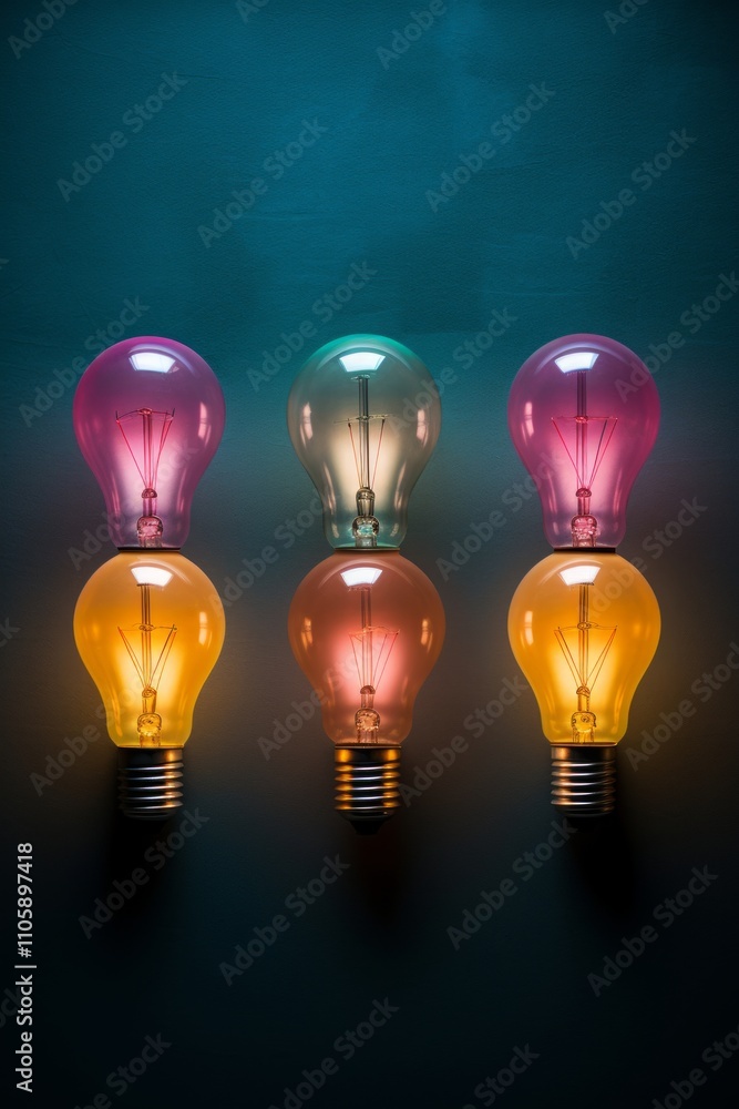 Lined-Up Light Bulbs with Playful Size Contrast in Yellow and Cyan Lined-Up Light Bulbs with Playful Size Contrast in Yellow and Cyan