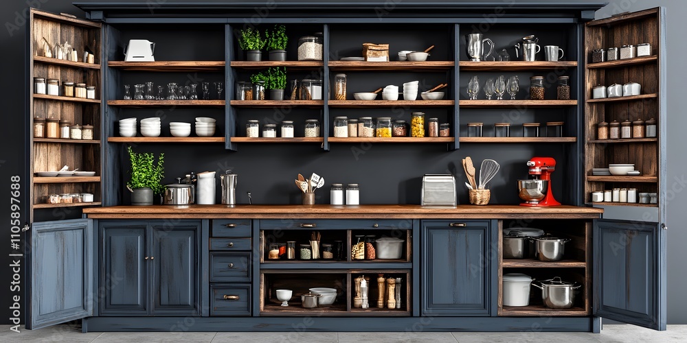 Modern kitchen shelving with various utensils, jars, and plants for organization and decor. Modern kitchen shelving with various utensils, jars, and plants for organization and decor.