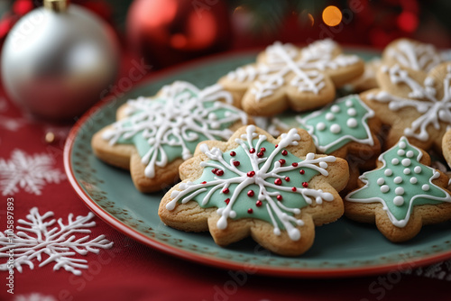 Plate of colorful Christmas cookies with festive icing, holiday treats