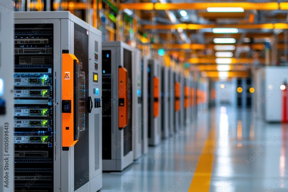 Modern Data Center with Server Racks and Bright LED Lighting Modern Data Center with Server Racks and Bright LED Lighting