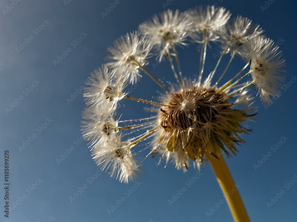 Fototapeta premium Dandelion against a clear blue sky.