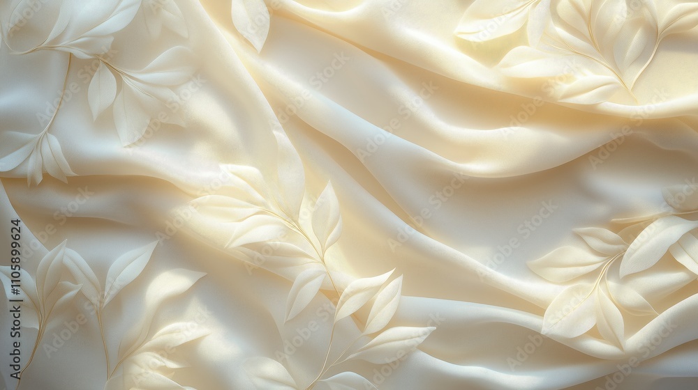 Soft Shimmering Silk Fabric with Elegant Leaf Pattern in Creamy Tone, Ideal for Fashion, Interior Design, and Textiles, Perfect for Elegant and Luxurious Projects Soft Shimmering Silk Fabric with Elegant Leaf Pattern in Creamy Tone, Ideal for Fashion, Interior Design, and Textiles, Perfect for Elegant and Luxurious Projects