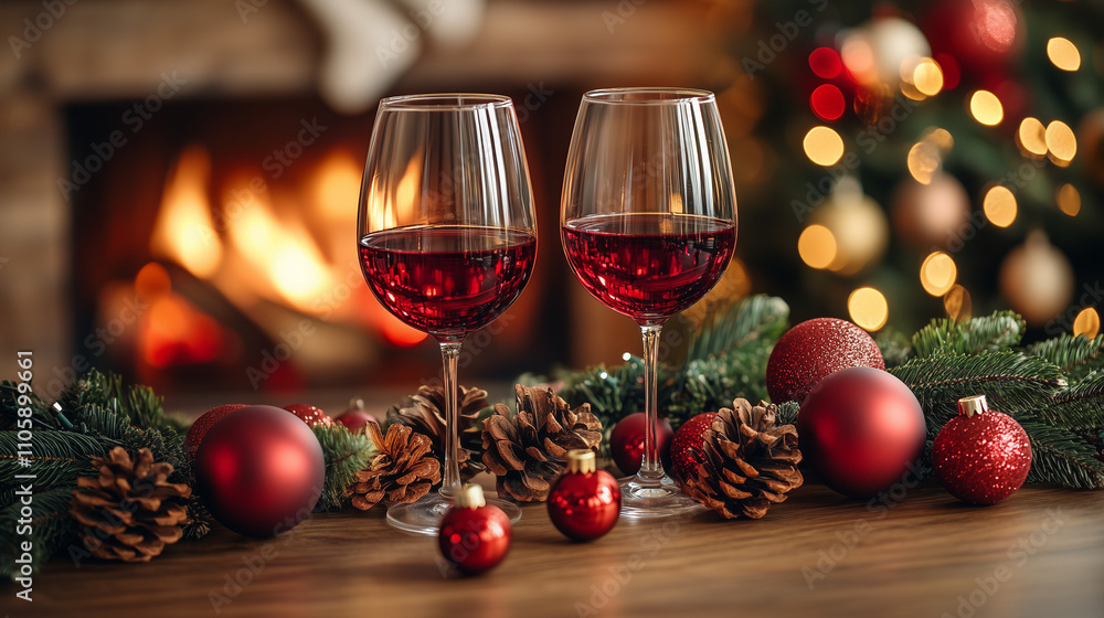 Two glasses of red wine by the fireplace, romantic Christmas ambiance Two glasses of red wine by the fireplace, romantic Christmas ambiance