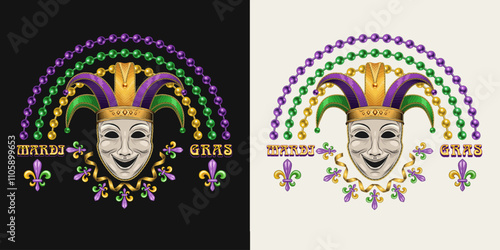 Rainbow label made with bead strings, Fleur de Lis sign, theatrical comedy face mask with jester harlequin hat Design element for Mardi Gras decoration.