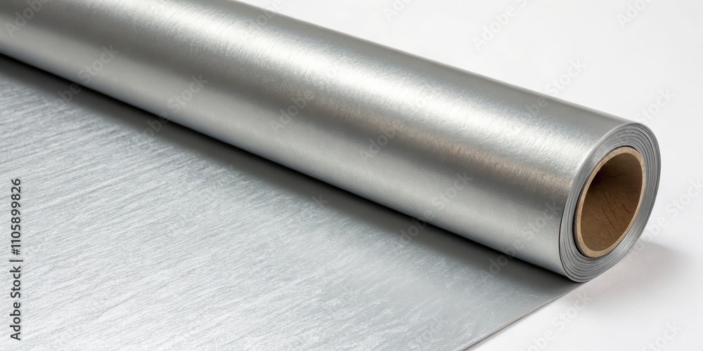 A roll of shimmering metallic material unfurling, showcasing its luxurious texture and subtle brushed finish A roll of shimmering metallic material unfurling, showcasing its luxurious texture and subtle brushed finish