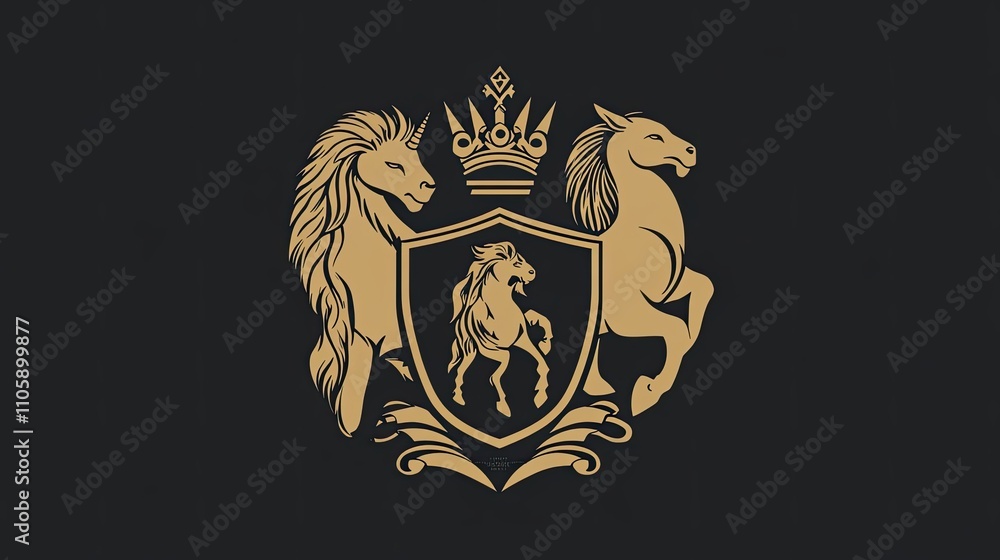 Obraz premium Regal Crest Featuring Unicorn Horse and Crown