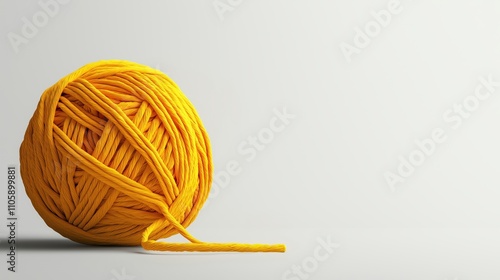 Large ball of yellow yarn unwinding on a plain light background with a long strand extending outward from the main body, showcasing texture and color contrast.