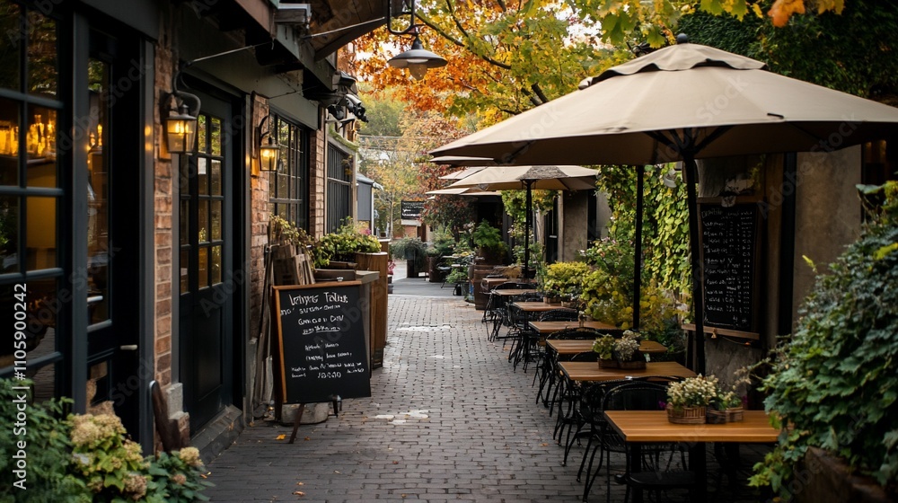 Quaint alleyway cafe with autumnal ambiance. Quaint alleyway cafe with autumnal ambiance.