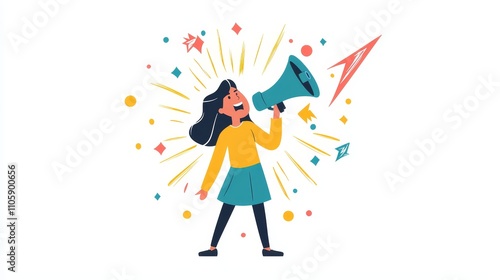 Vibrant Woman Celebrating with Megaphone in Colorful Digital