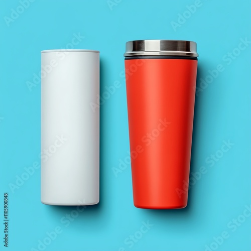 Blank and red travel mugs on blue background.