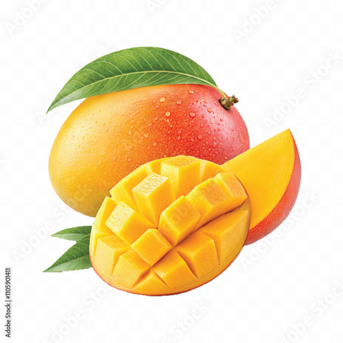 abstract 3d fresh whole or mango with In pieces isolated on white background