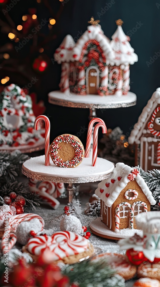 Naklejka premium A bakery-inspired Christmas setup with podiums made of frosted cookies surrounded by candy canes and gingerbread houses.