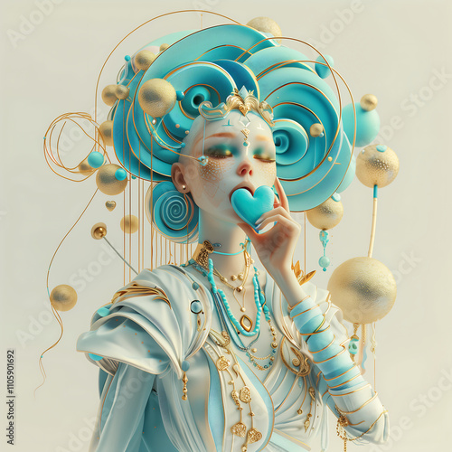  A cute girl with blue hair and golden makeup, holding heart-shaped lollipops in her hands