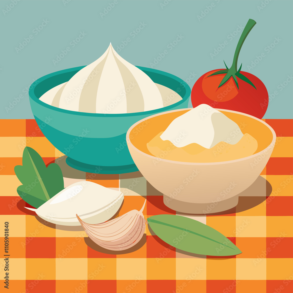 Flour and Garlic Bowls on Checkered Table Cartoon Vector Flour and Garlic Bowls on Checkered Table Cartoon Vector