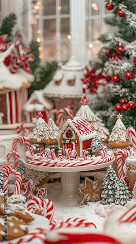 A bakery-inspired Christmas setup with podiums made of frosted cookies surrounded by candy canes and gingerbread houses.