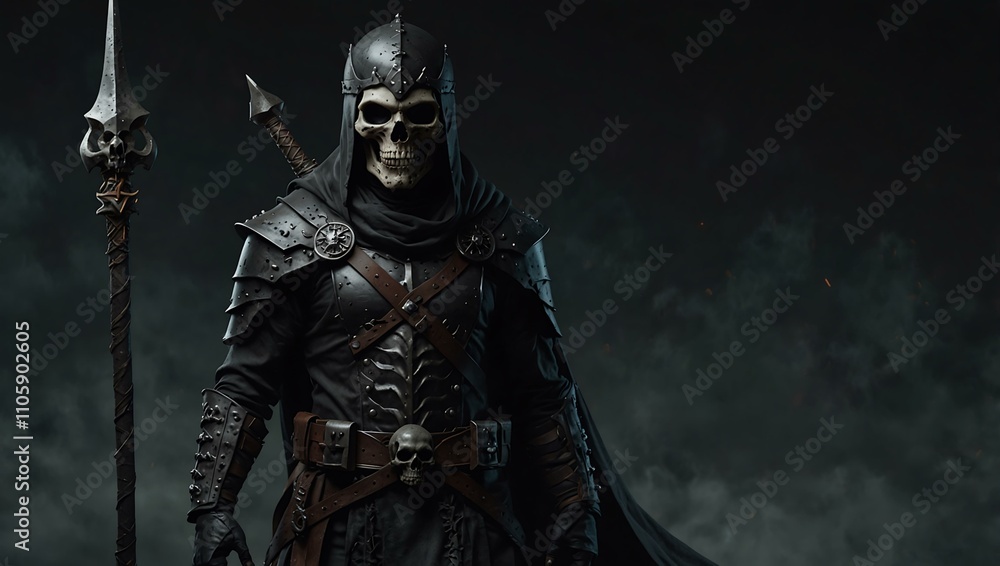 Dark fantasy character with skull helmet and staff. Dark fantasy character with skull helmet and staff.