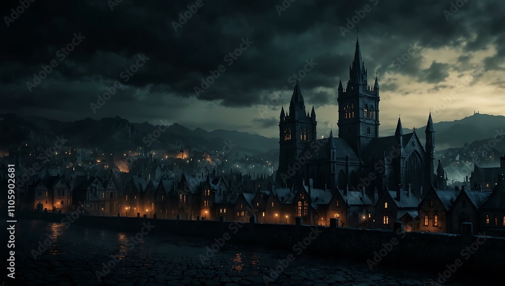 Fototapeta premium Dark fantasy Gothic town background.