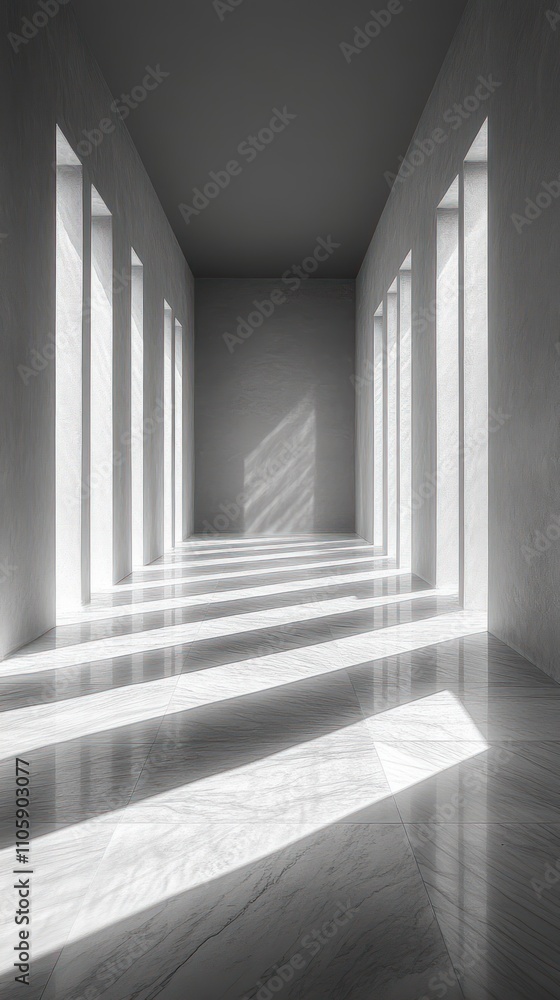 Fototapeta premium Sunlight Streams Through Windows In A Long Marble Hallway