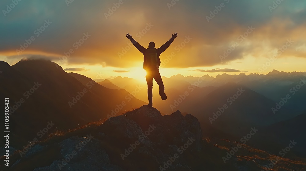 Silhouette of a Hiker Triumphantly Standing on a Mountain Peak at Sunset Silhouette of a Hiker Triumphantly Standing on a Mountain Peak at Sunset