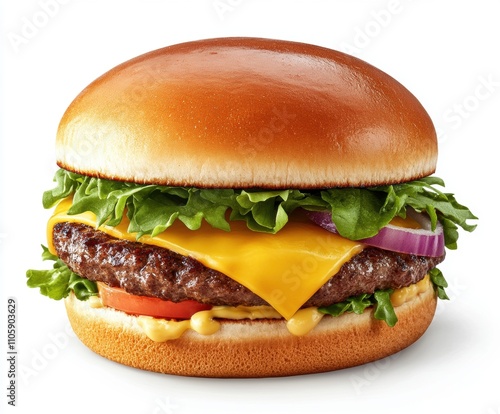 High-quality close-up of a classic cheeseburger with a juicy beef patty, melted cheese, pickles, red onion, ketchup, and a soft bun on a white background.