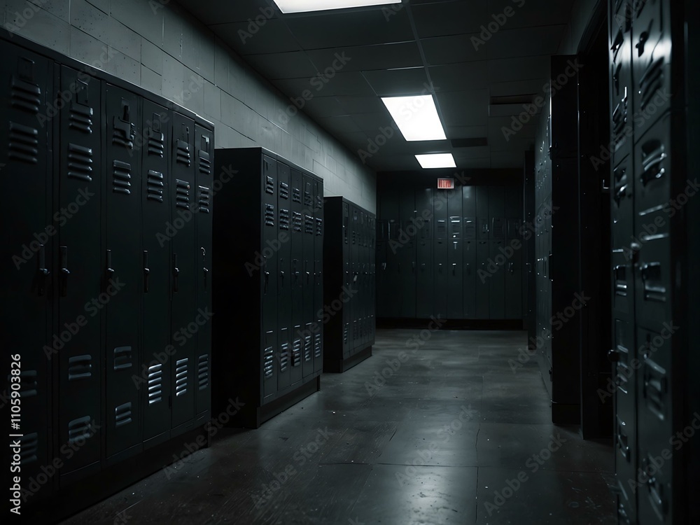 Dark gym locker room with lockers lined up. Dark gym locker room with lockers lined up.