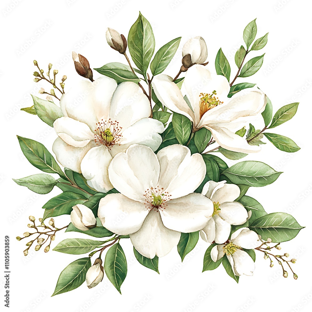 Obraz premium Watercolor Painting of a Delicate Bouquet of White Flowers and Lush Green Leaves.