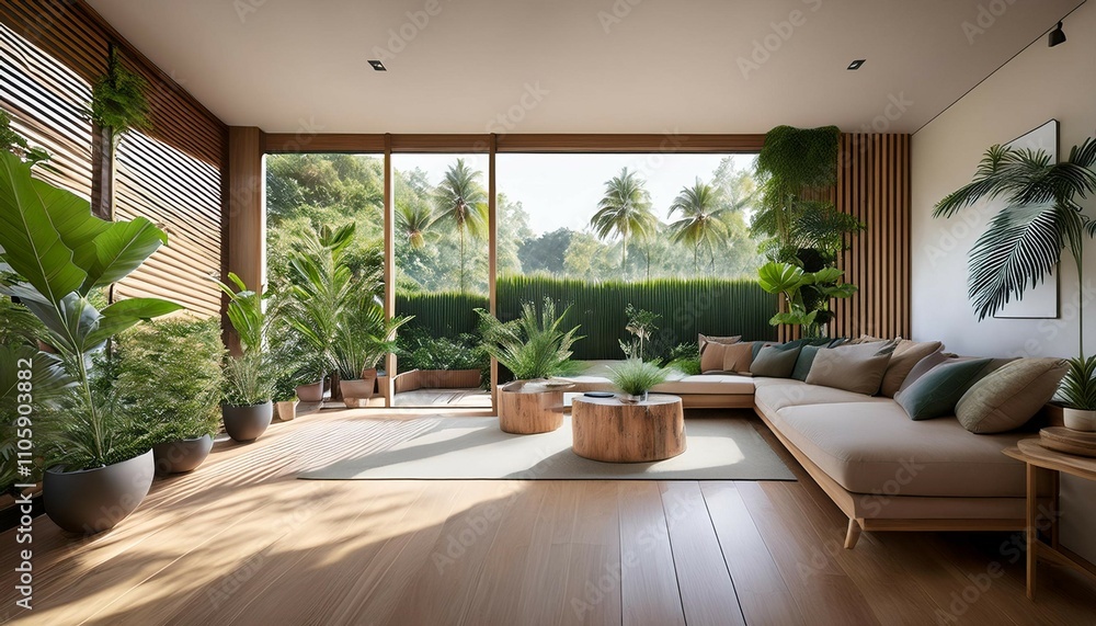 modern relaxing home interior design with greenery and relaxation for