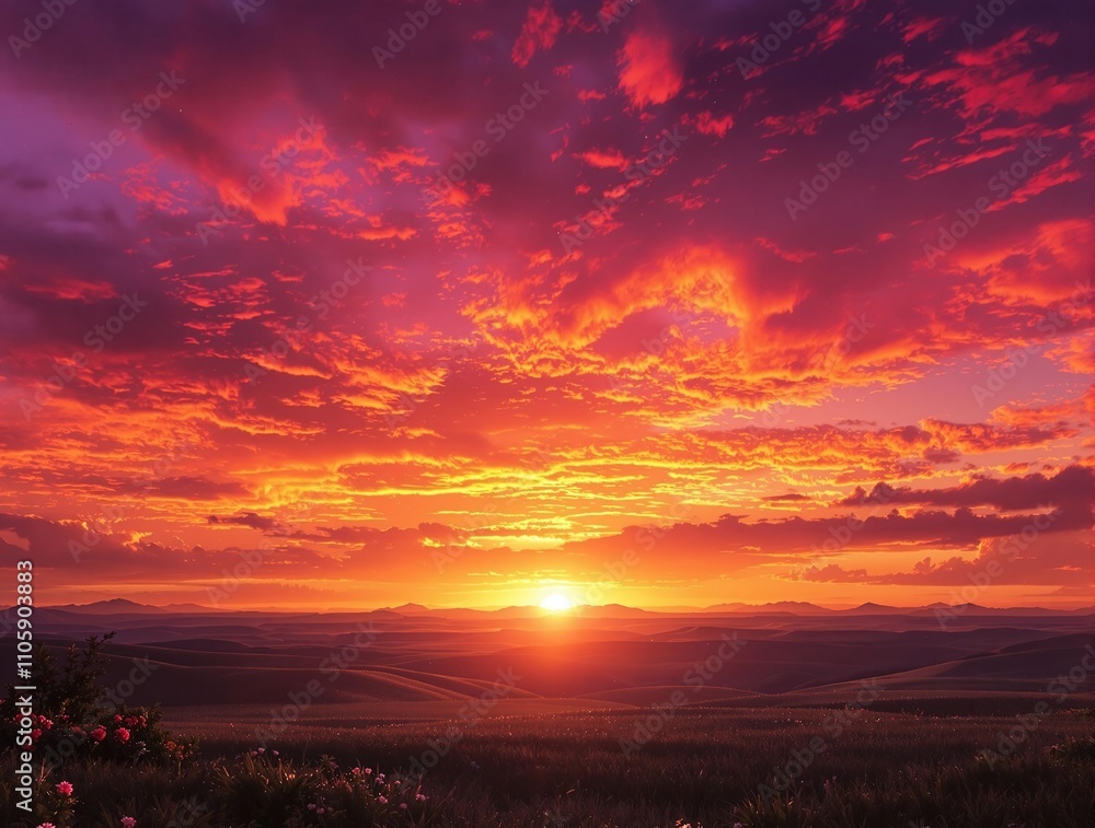 Vibrant orange hues and deep purples dominate the sky as the sun dips below the horizon, casting a dramatic shadow on the landscape, sunset, orange, vibrant colors, golden hour, dramatic lighting Vibrant orange hues and deep purples dominate the sky as the sun dips below the horizon, casting a dramatic shadow on the landscape, sunset, orange, vibrant colors, golden hour, dramatic lighting