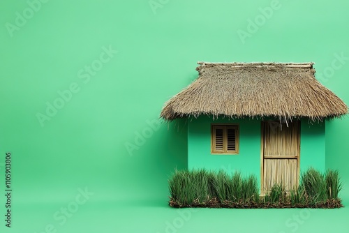 Small hut with thatched roof on green background