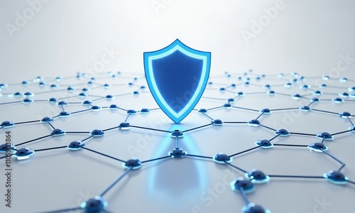 A series of interconnected glowing hexagons representing a network, with a bold shield icon in the center. The white background enhances the simplicity and focus on the cyber security theme. photo