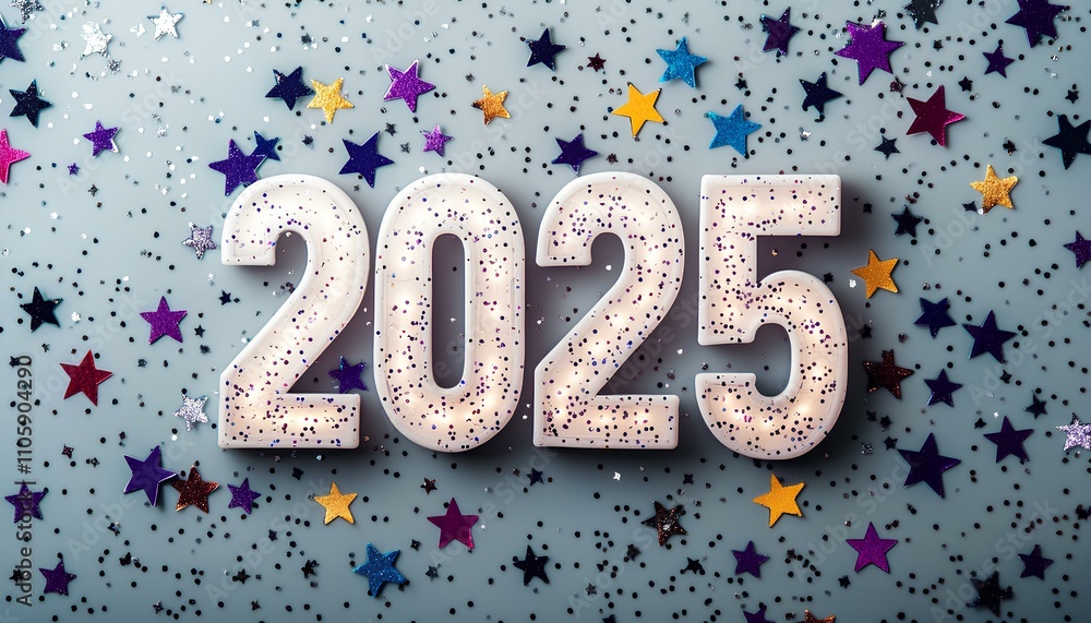 Happy New Year 2025 flat lay surrounded by star shaped confetti in celebration of new year 2025. party celebration flat lay with confetti. New Year's party flat lay top view. Number 2025 top view Happy New Year 2025 flat lay surrounded by star shaped confetti in celebration of new year 2025. party celebration flat lay with confetti. New Year's party flat lay top view. Number 2025 top view