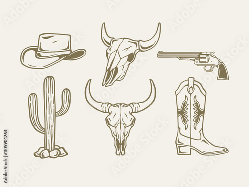 set of western hand drawn illustration vector