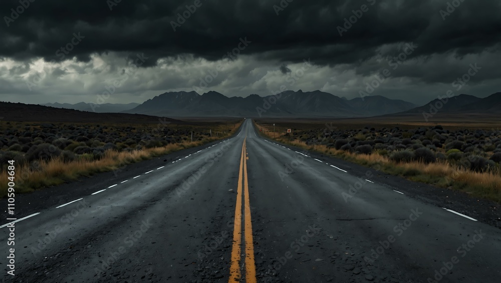 Fototapeta premium Dark road in rugged terrain under overcast skies.