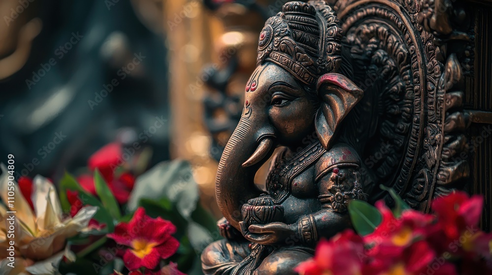 Fototapeta premium Statue of Lord Ganesha A Revered Deity with an Elephant Head Concept Indian Deity Elephantheaded God Hindu faith Religious Symbolism Sacred Figurine